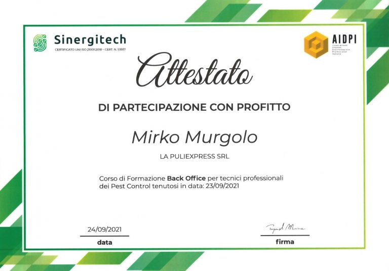 Attestato di partecipazione Mirko Murgolo - Back Office per tecnici professionali dei Pest Control