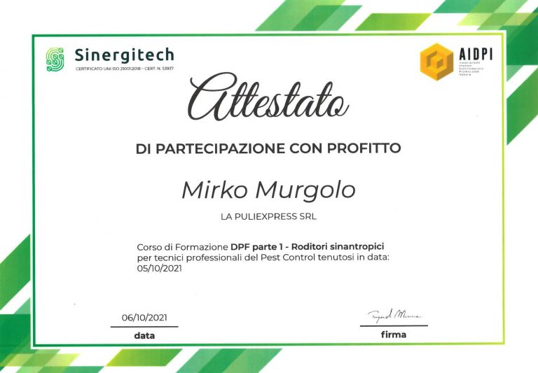 Attestato di partecipazione Mirko Murgolo - DPF parte 1 - Roditori sinantropici