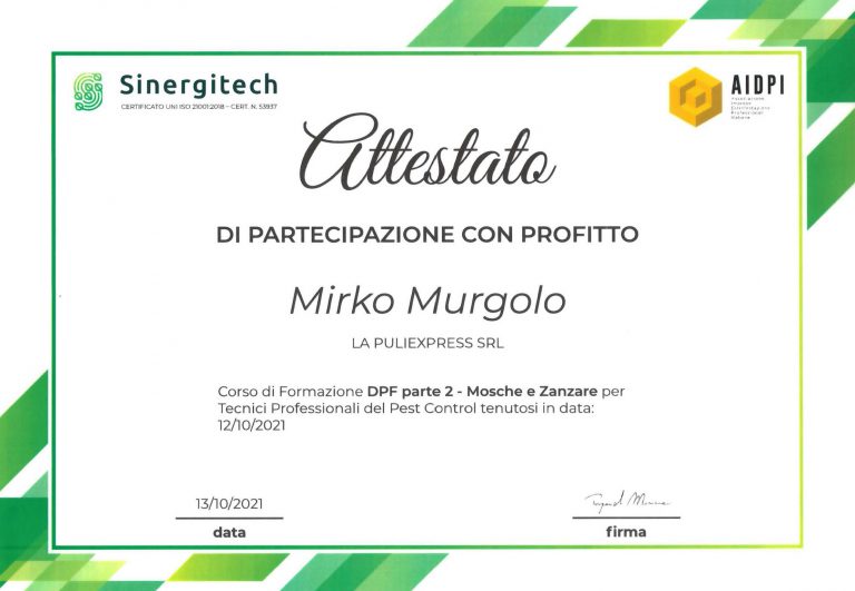 Attestato di partecipazione Mirko Murgolo - DPF parte 2 - Moesche e Zanzare