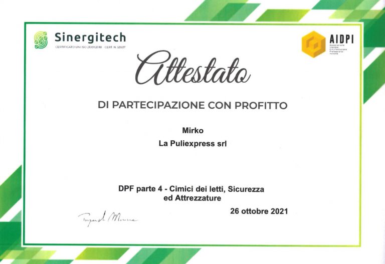 Attestato di partecipazione Mirko Murgolo - DPF parte 4 - Cimici dei letti, Sicurezza ed Attrezzatura