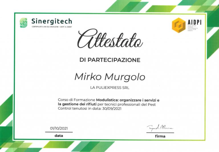 Attestato di partecipazione Mirko Murgolo - Modulistica - organizzare i servizi e la gestione dei rifiuti