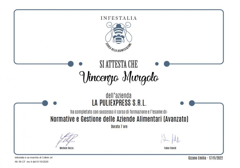 Attestato di partecipazione Vincenzo Murgolo - Normative e Gestione delle Aziende Alimentari (Avanzato)