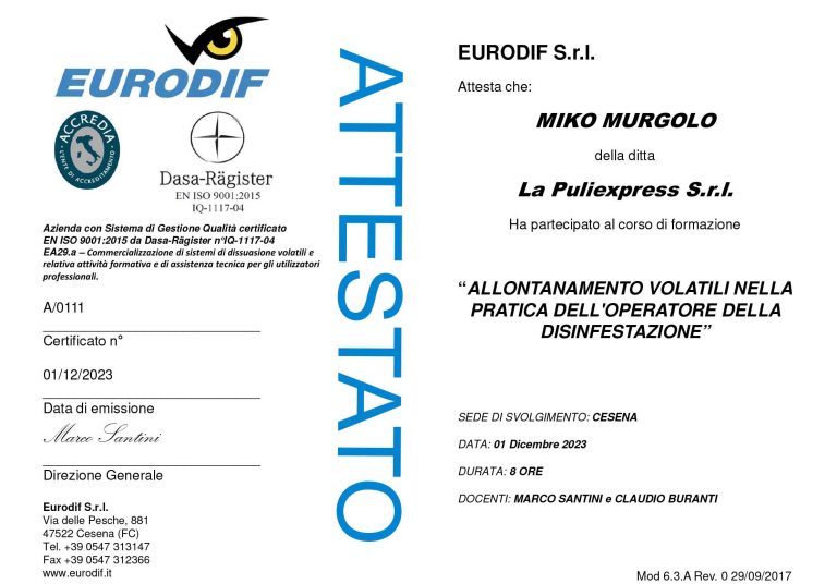 Attestato di partecipazione Vincenzo Murgolo - Insetti striscianti